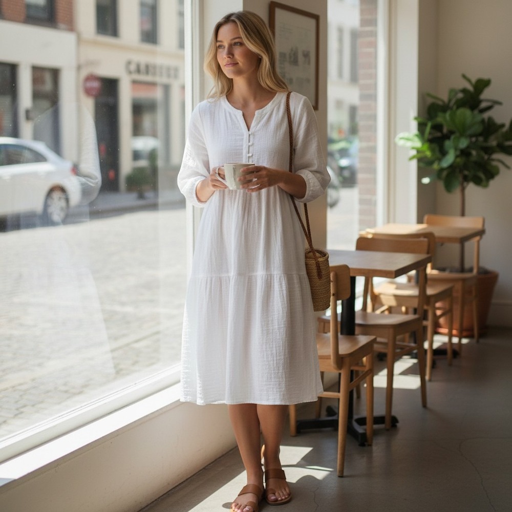 Yakira Bella sz L gauze cotton coastal‎ 3/4 sleeve tiered blouson dress HH